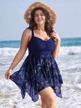 BloomChic Navy One-Piece Swimsuit with Tropical-Print Hanky Hem Skirt 2X (18-20)
